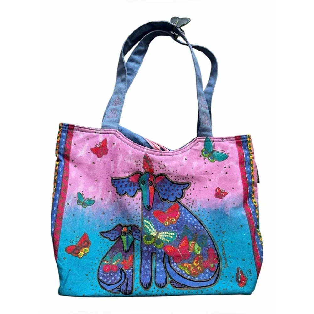 Laurel Burch Blossoming Pups Tote Bag Zippered  VTG Y2K 2000s